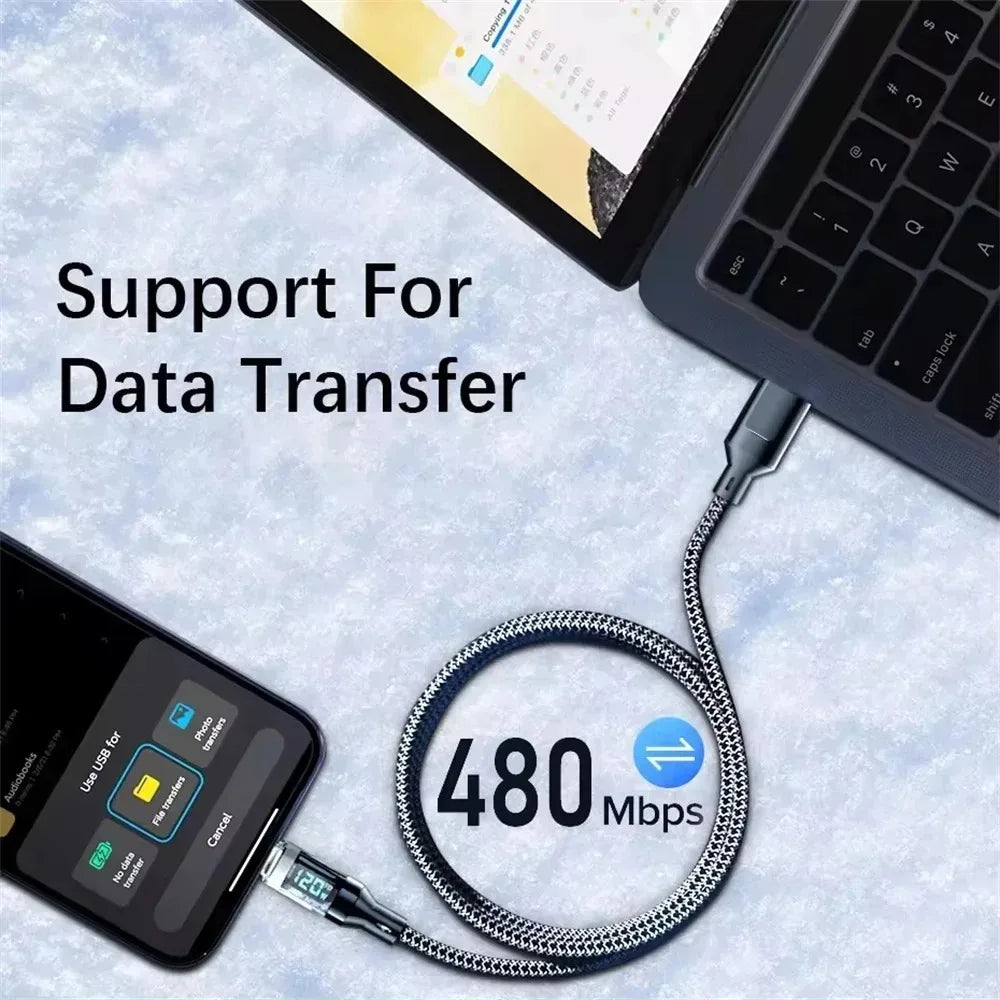 120W Super Fast Charging Cable Real-time Digital Display USB A to Type C data Cable For iPhone Android Phones Universal