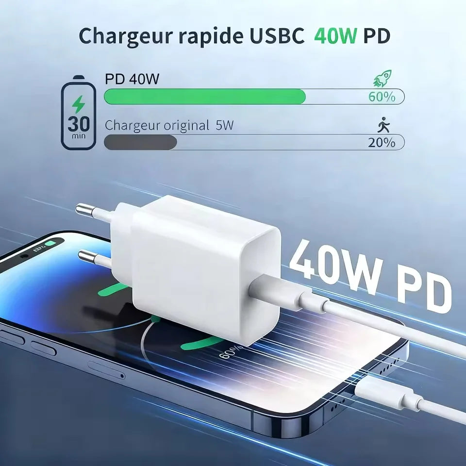 PD 40W Charger USB C Fast Charging Cable For iPhone 17 16 15 Pro Max