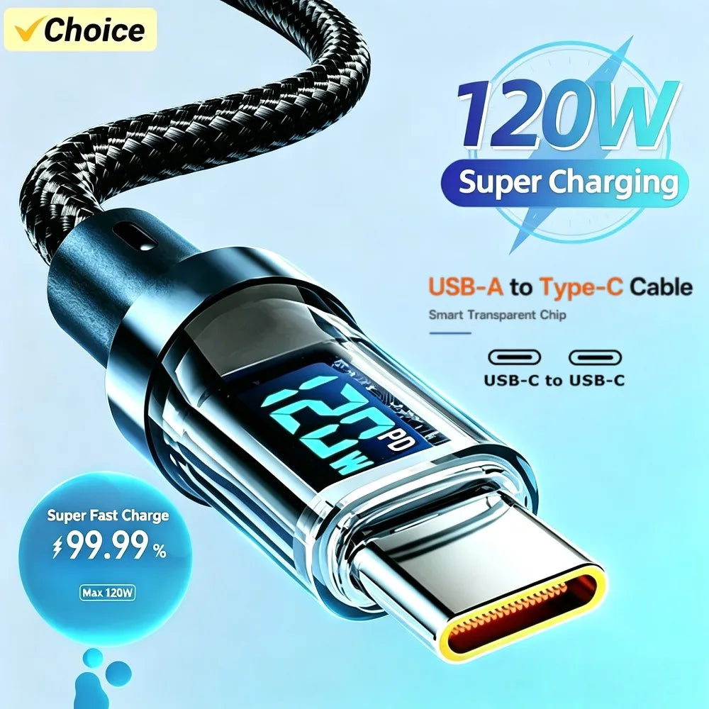 120W Super Fast Charging Cable Real-time Digital Display USB A to Type C data Cable For iPhone Android Phones Universal