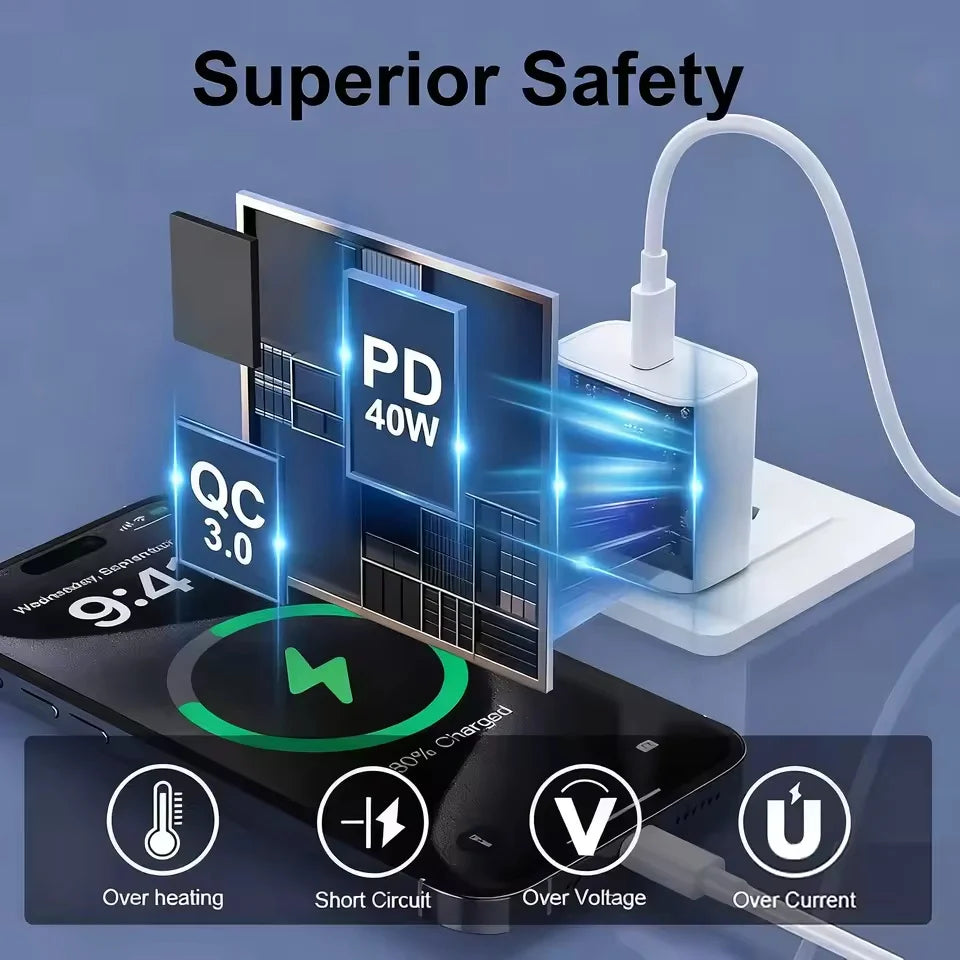 PD 40W Charger USB C Fast Charging Cable For iPhone 17 16 15 Pro Max