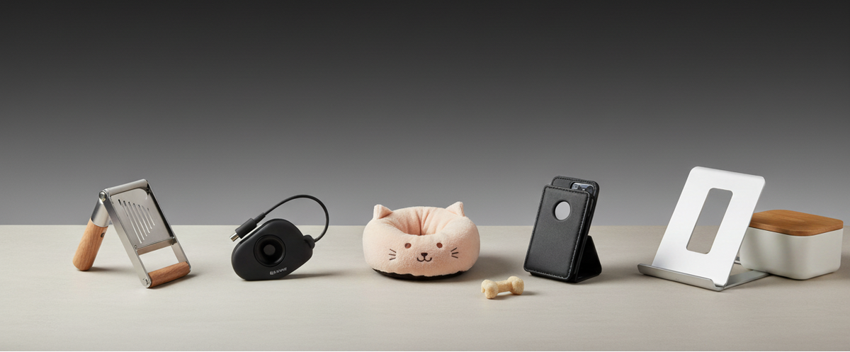 A curated collection of minimalist home and office accessories arranged in a row on a light beige surface against a dark gray gradient background. The items include a wooden and stainless steel vegetable slicer, a black wired device, a pink cat-shaped cushion, a black phone stand, a white laptop stand, and a small white container with a wooden lid.